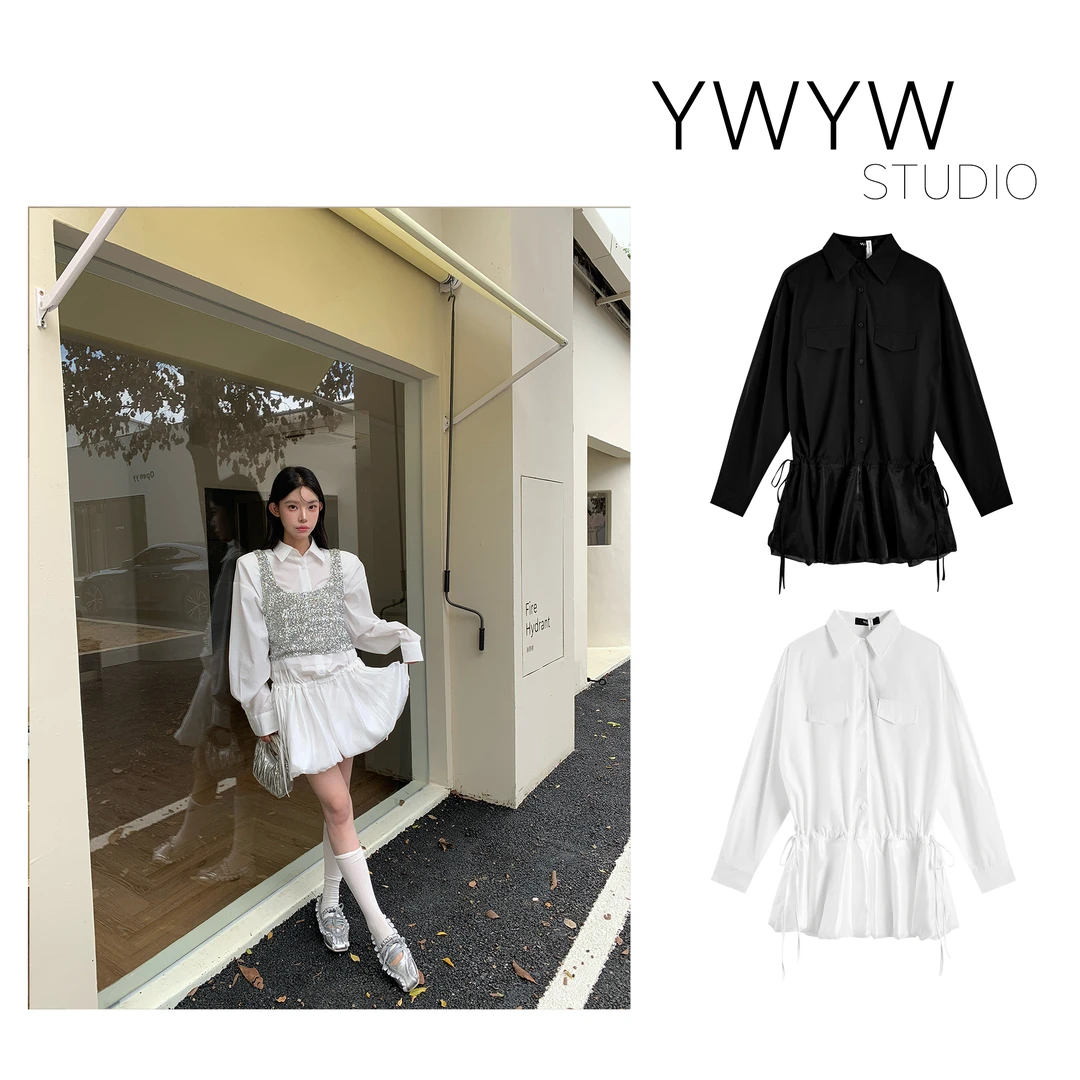 【YWYW25F/W】纯色气质抽绳绑带收腰翻领衬衫连体裙5335