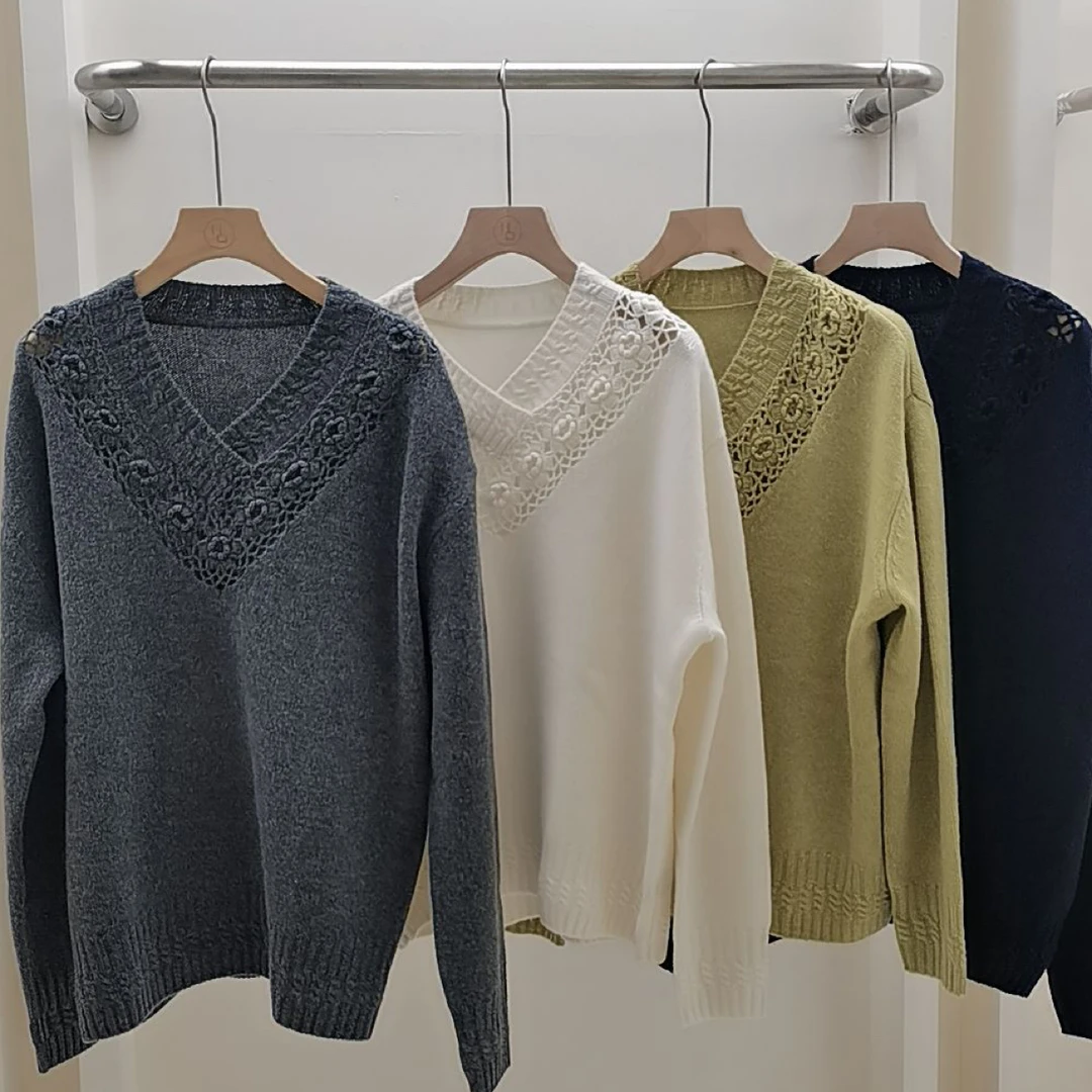 【100%山羊绒 25828】2025秋冬新款重磅手工钩花V领纯色纯欲风套头