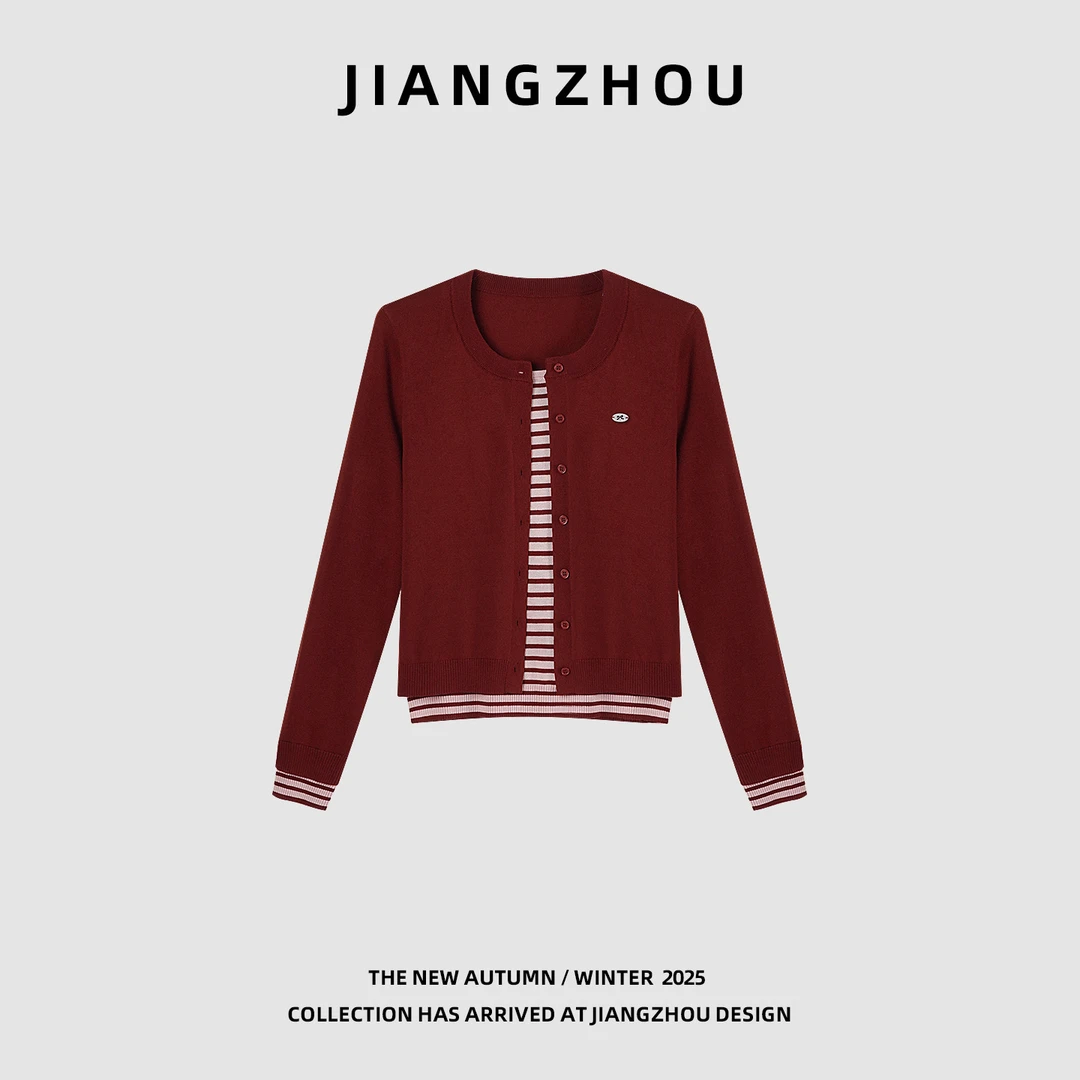 江洲【蒂文】秋季新款时尚简约风气质条纹假两件设计款长袖羊毛毛衣