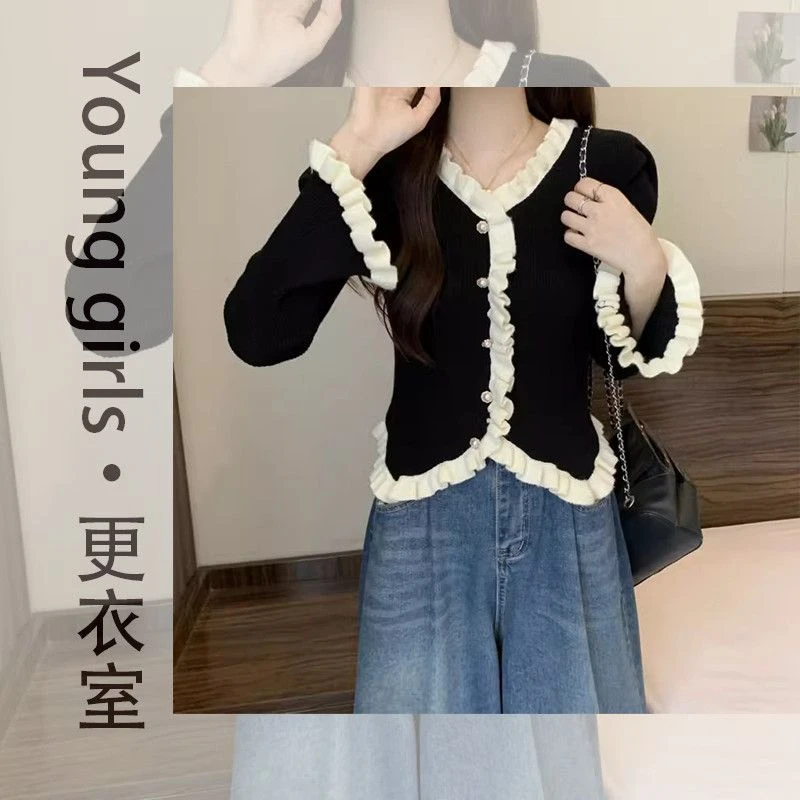 法式木耳边喇叭袖毛衣外穿洋气女孩早秋长袖针织衫修身显瘦上衣女