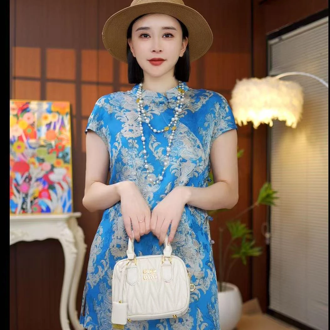 （蓝莲）长款中袖立领无袖一粒扣提花上衣重工双层气质复古