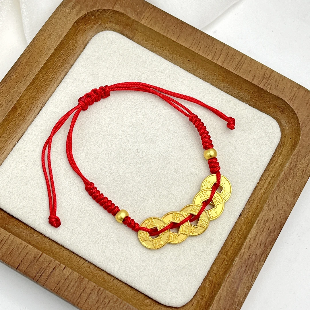 铜合金布艺手链 五帝钱时尚手链红绳红色编织钱币铜钱手串首饰品