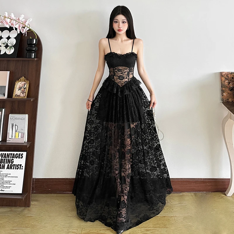 Malou 哥特少女暗夜玫瑰复古镂空遮腰显瘦连衣裙女夏K25D69991