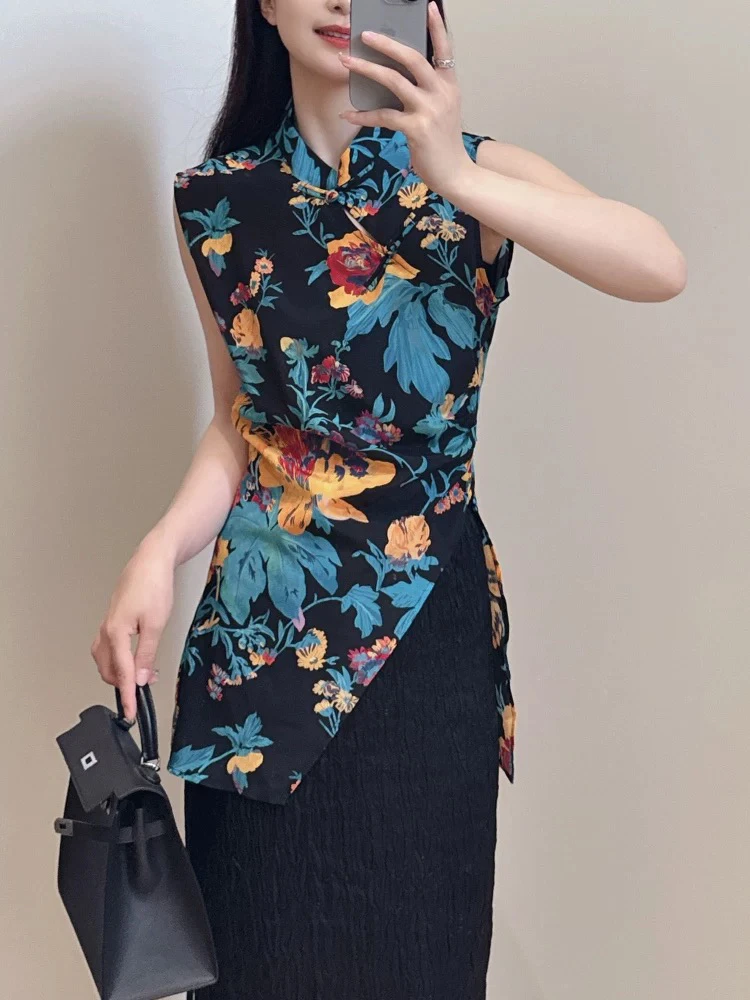 欧洲站2025夏季款复古优雅立领斜襟盘扣漏洞印花侧开叉旗袍背心