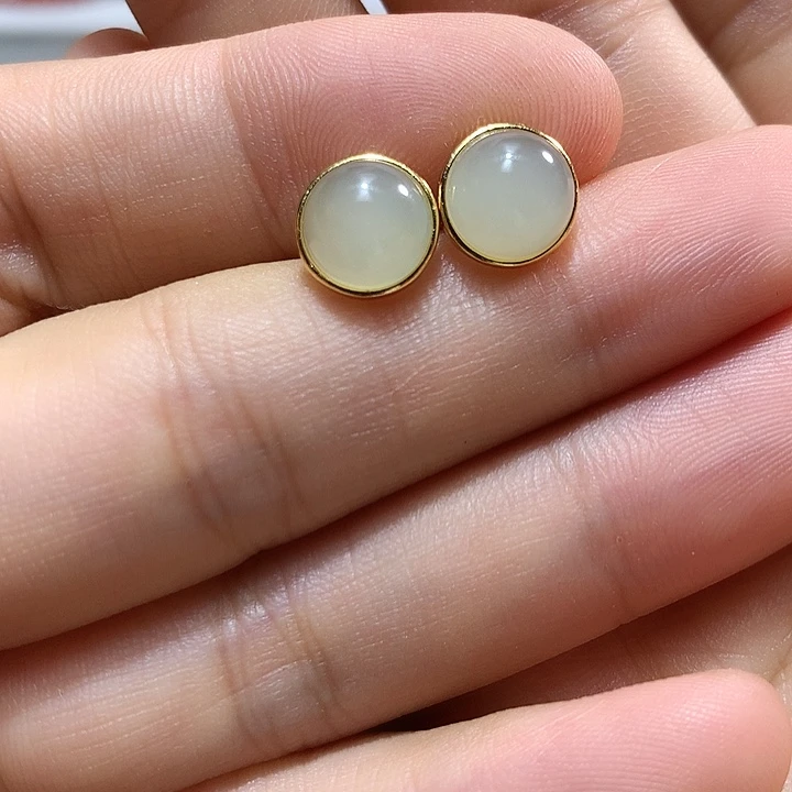 银S925镀金镶嵌和田玉（青白玉）耳饰