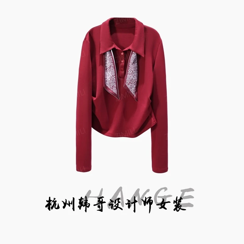 【韩哥女装】2025秋冬新品《红绣蝶》安可拉红翻领休闲打底上衣9906