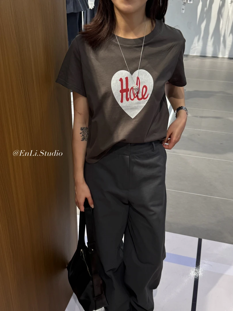 ENLI-小个子友好精梳棉爱心印花短袖休闲百搭纯色圆领夏季宽松