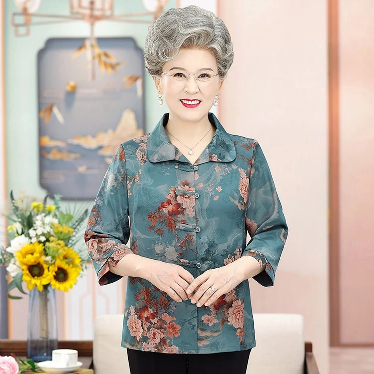 夏季新款中老年小个子盘口妈妈装衬已老年人夏季薄款开衫中袖衬衫