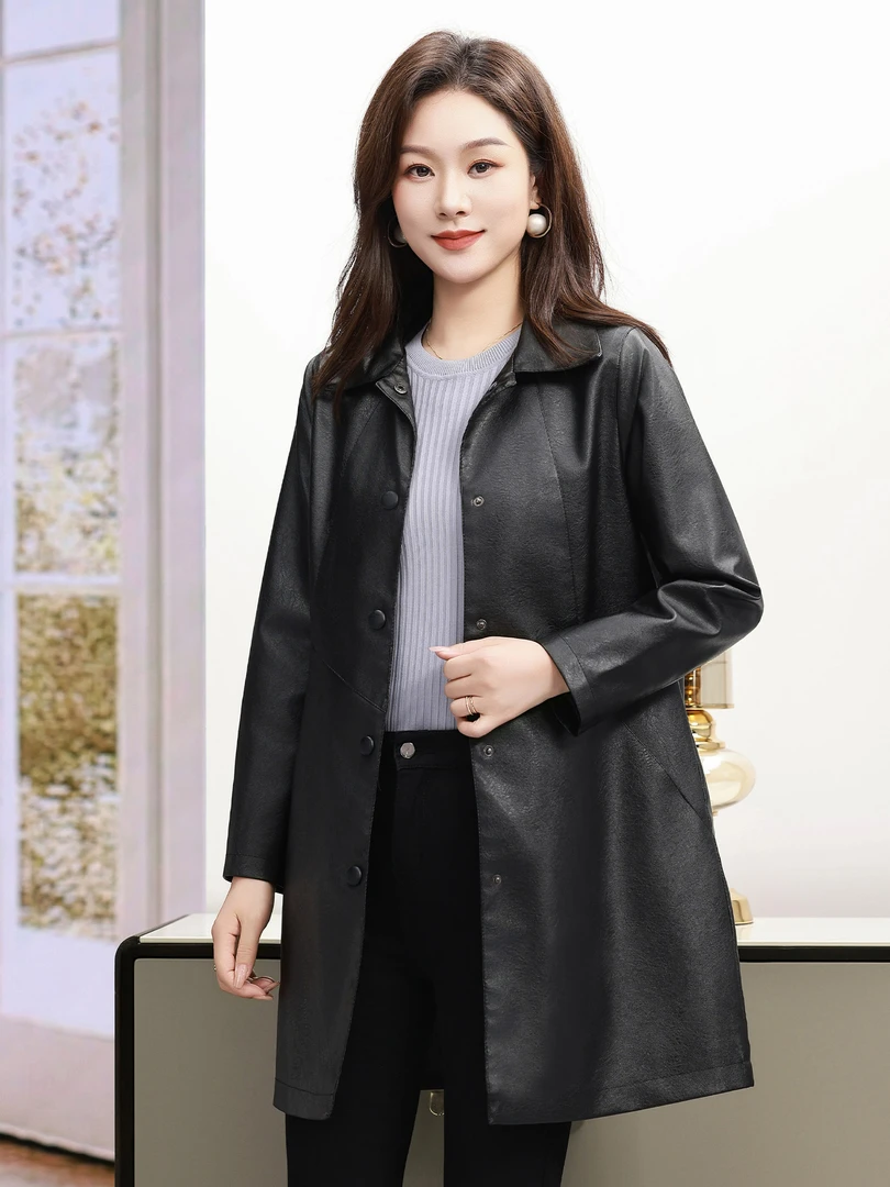 【小妹轻奢女装】秋冬极简风蛋白皮中长款显瘦收腰皮衣XM1806