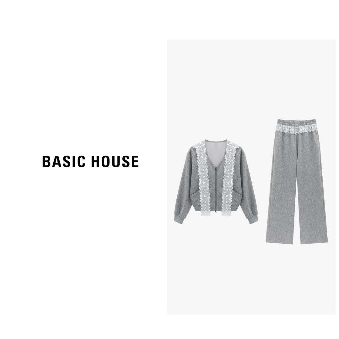 Basic House/百家好时尚休闲运动蕾丝花边拼接套装B0625H5U372