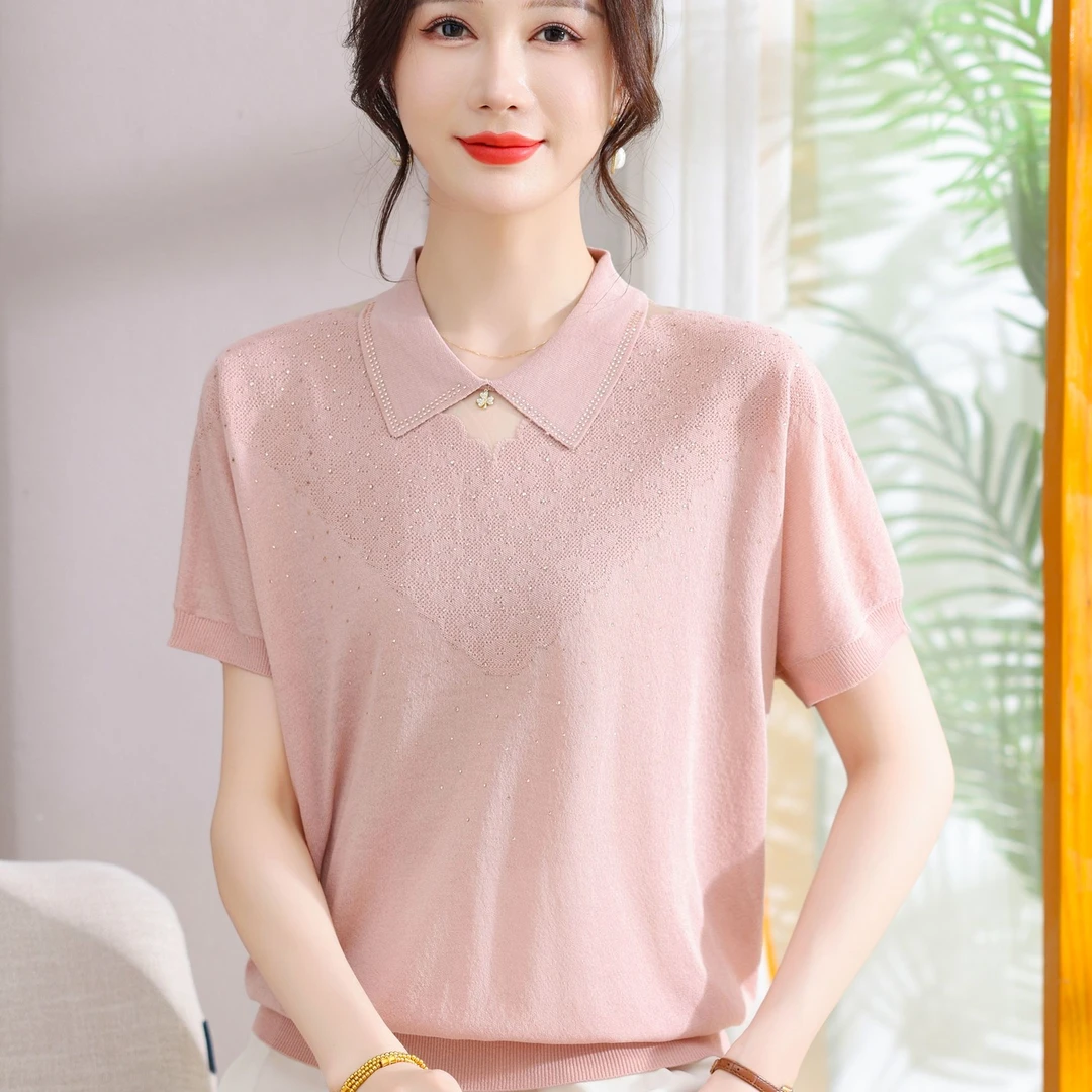 中老年妈妈夏装2025新款短袖T恤翻领母亲节礼物中年女洋气上衣服