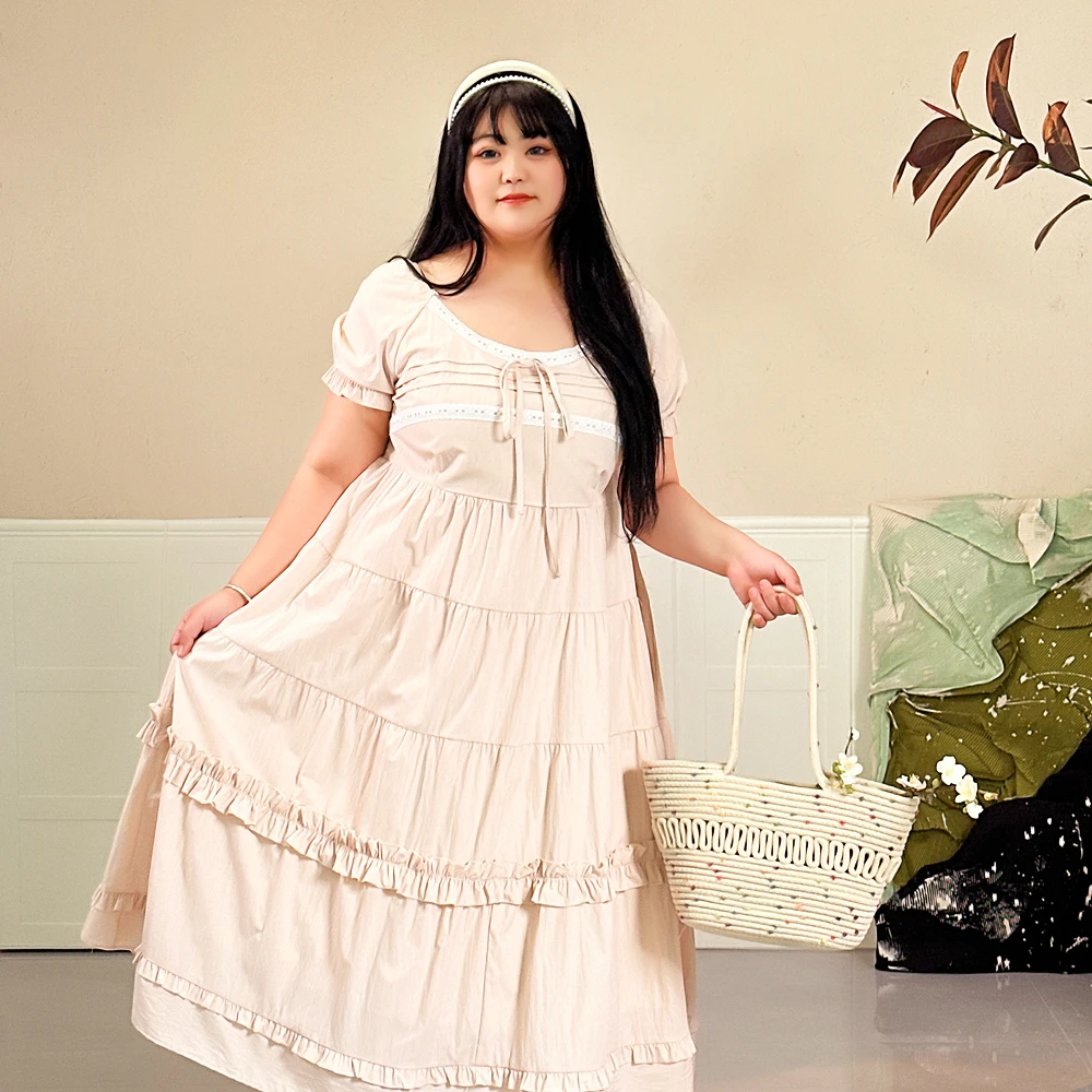 大码女装300斤胖MM时尚法式甜美温柔风收腰短袖中长连衣裙66856