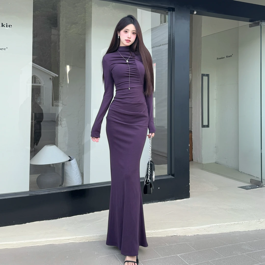 TITI 半高领百搭椰绒长袖连衣裙遮肉显瘦鱼尾长裙女