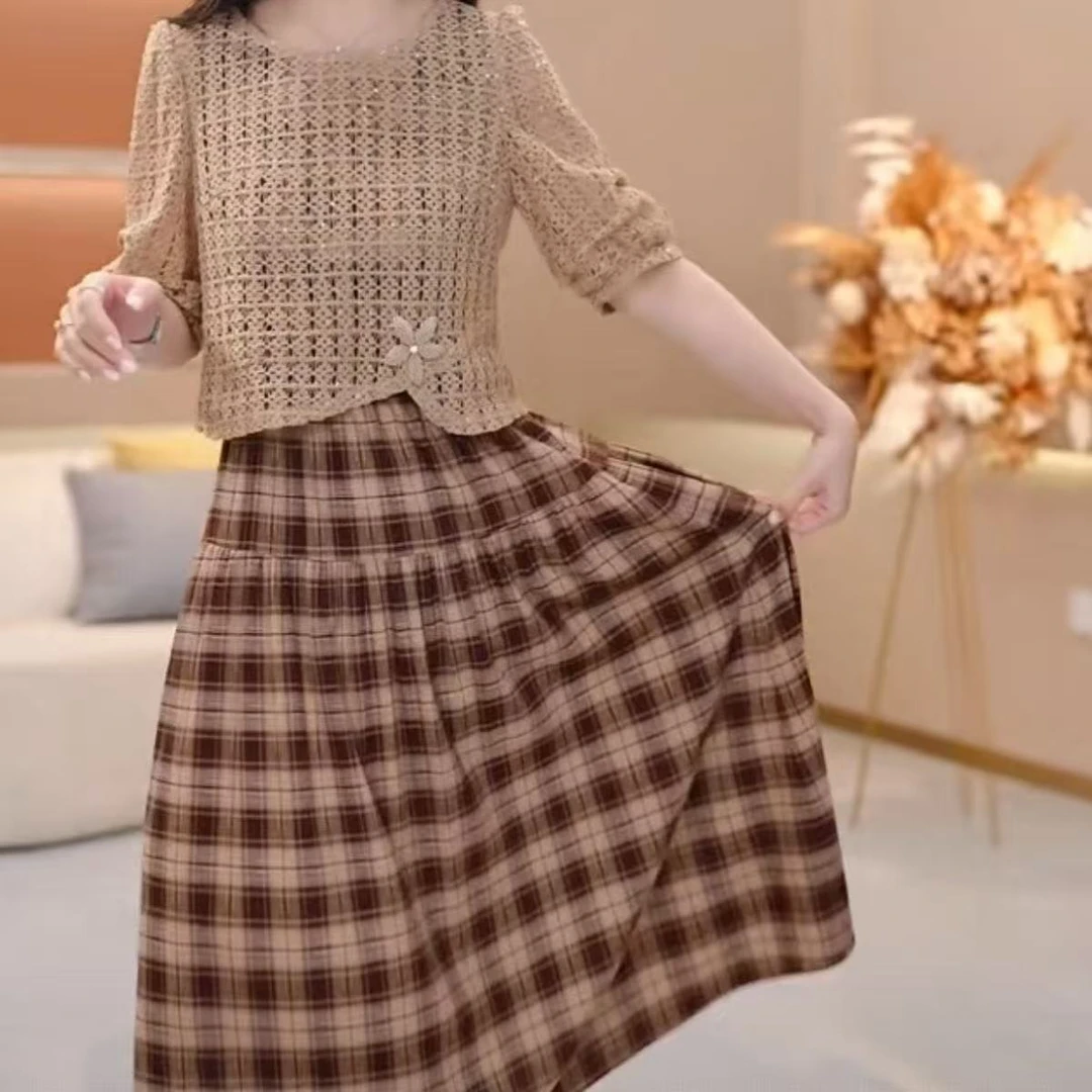 【外衫＋格子裙子】恒盛时尚镂空上衣格子女秋装新款洋气轻奢套装裙