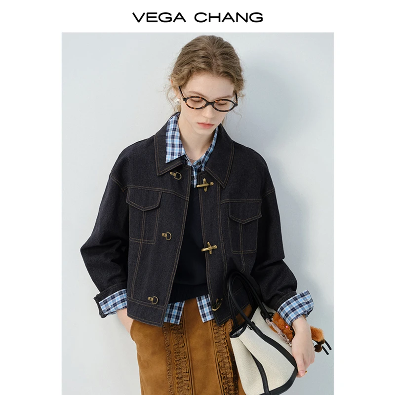 VEGA CHANG牛仔外套女2025年春新款复古斜纹通勤时尚翻领设计上衣