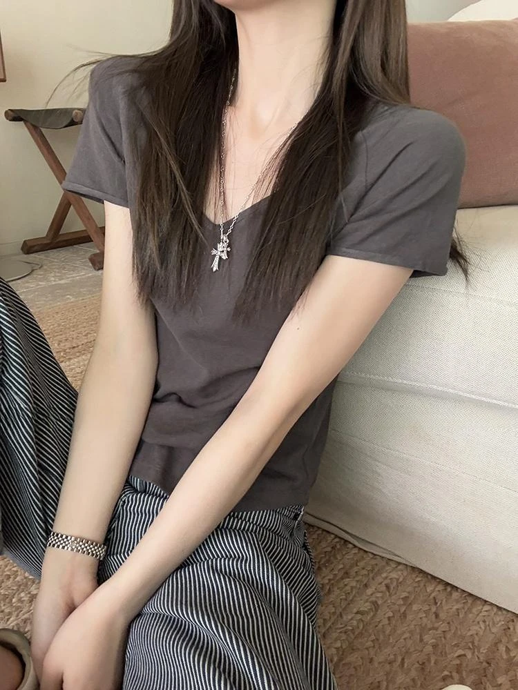纯欲v领百搭灰正肩短袖T恤女2025夏季新款轻薄卷边不规则百搭上衣