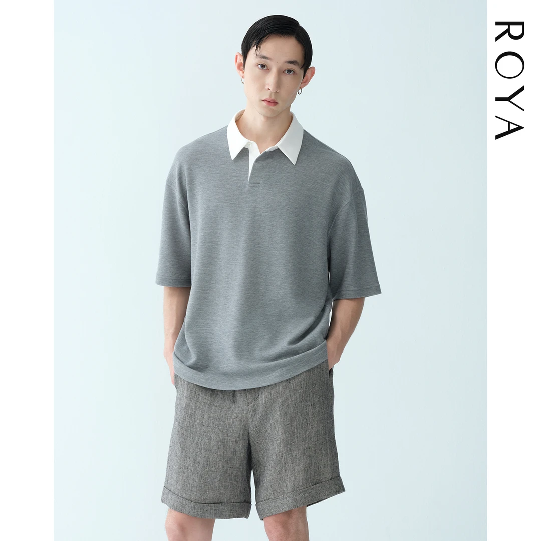 ROYA丨艾草羊毛混纺百搭透气免烫拼接撞色翻领 POLO 短袖流光风