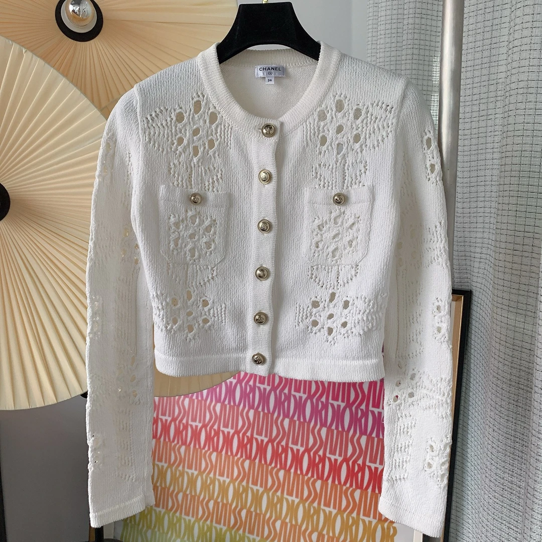 99新 Chanel/香奈儿 21C白色镂空针织开衫外套 34码