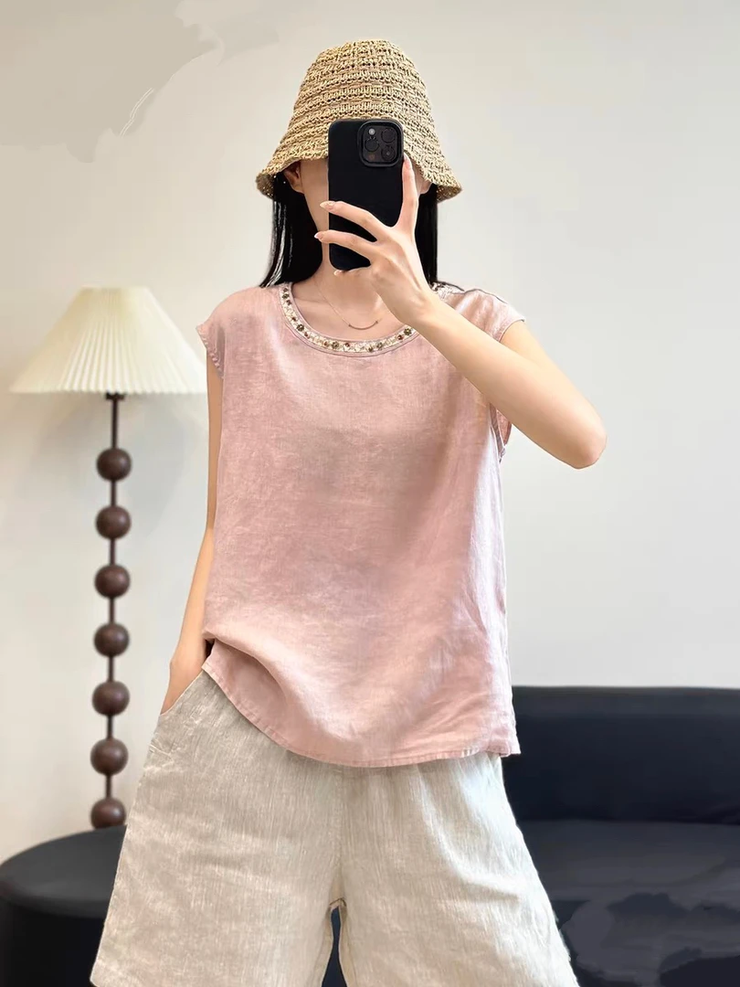 新款时尚洋气亚麻纯色无袖衬衫圆领套头轻熟小众上衣