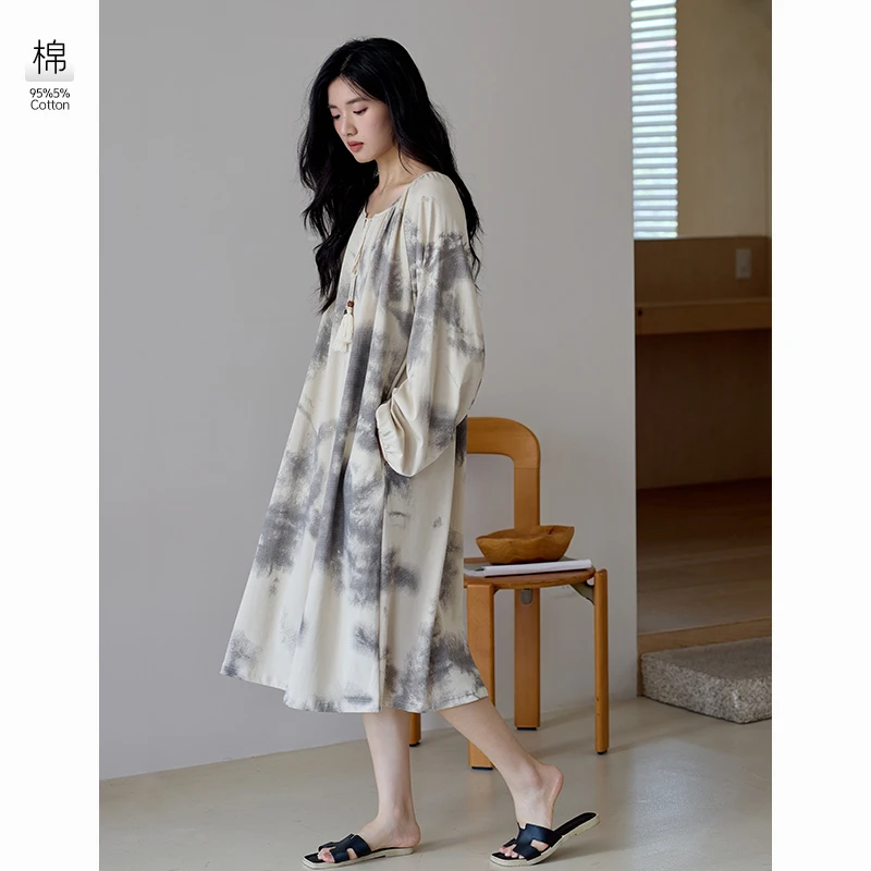 美韵岛｜新疆棉纯棉睡裙女长袖睡衣女秋冬泼墨高级感简约圆领长裙