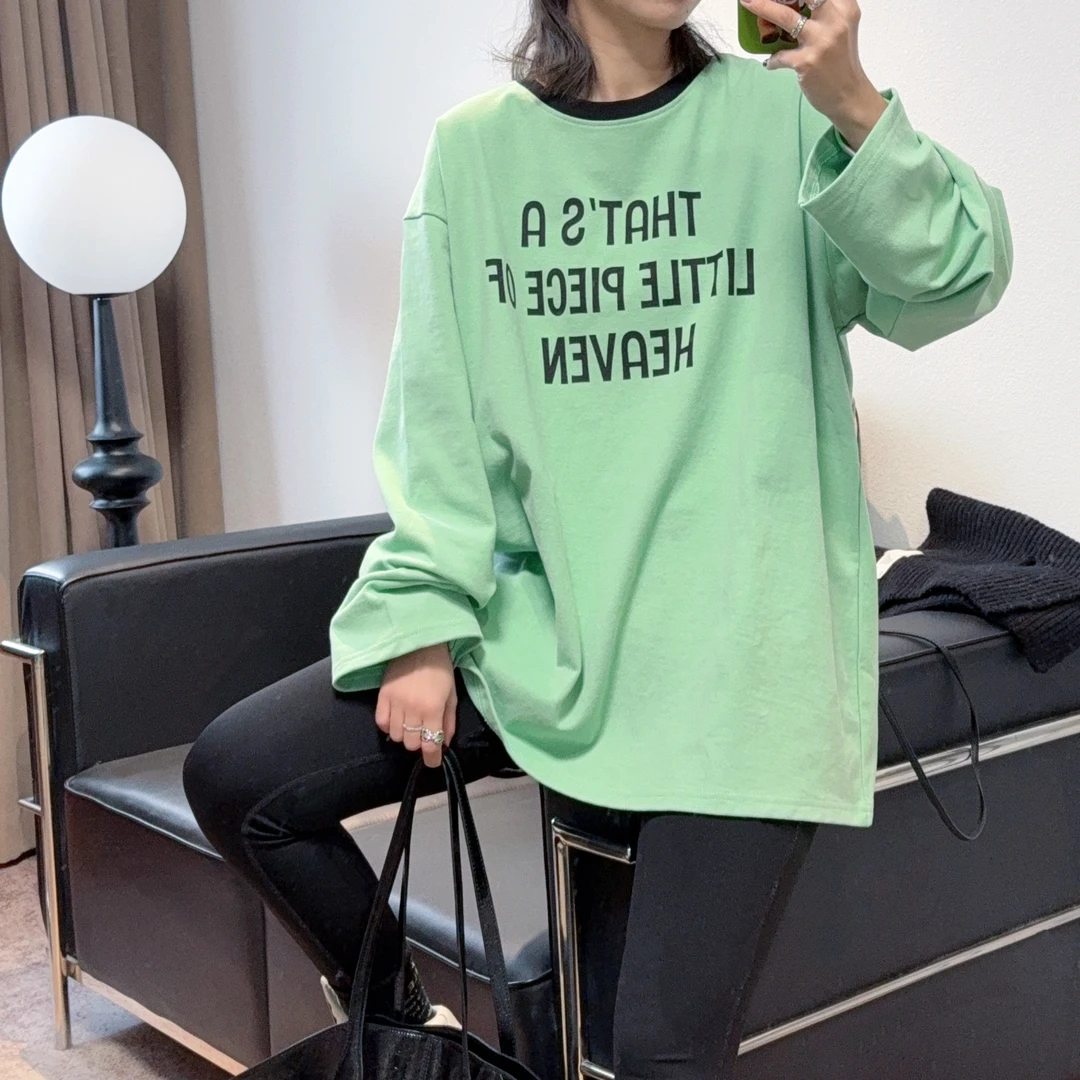 2025春季新款超好看薄荷绿中长款圆领字母T恤女宽松显瘦减龄显白