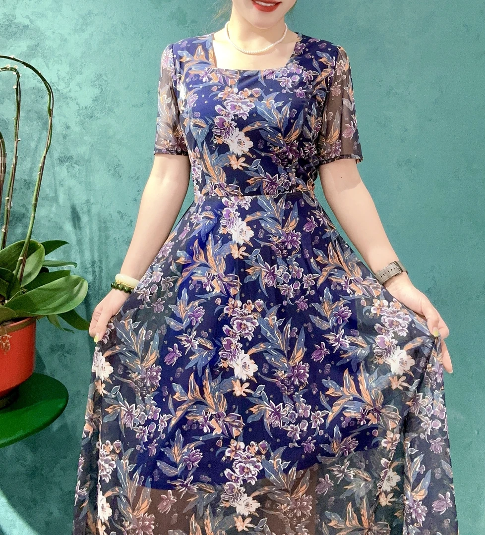 1519#时尚宽松收腰显瘦百褶连衣裙妈妈装百搭