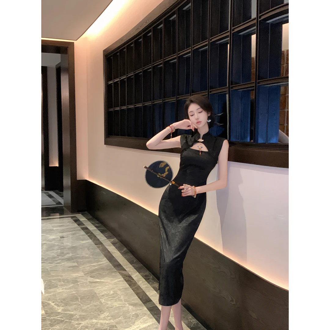【雅乔定制】幽竹山 新中式镂空立领黑色旗袍裙DYYK-23111519