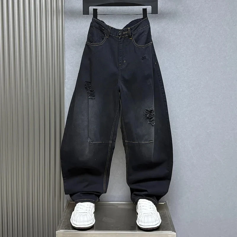 美式高街复古水洗破洞黑色牛仔裤男女款宽松大码直简阔脚弯刀长裤