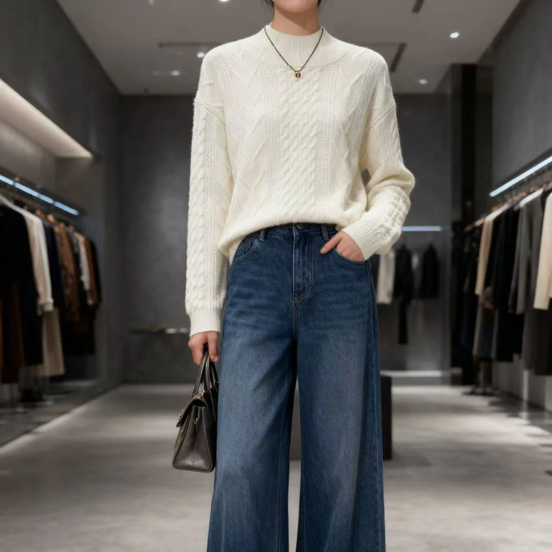 50羊毛！胸100-150长59立体织花圆领打底宽松时尚针织上衣YH 4527