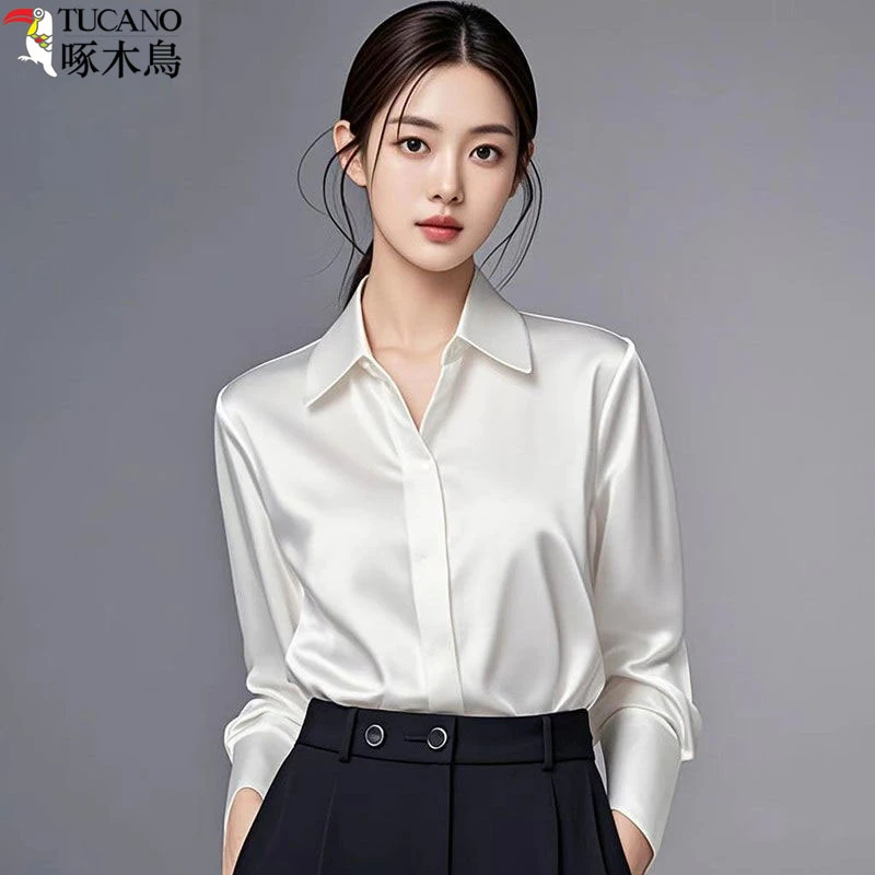 TUCANO/啄木鳥高级白色衬衫女秋冬新款轻奢长袖上衣职业通勤衬衣