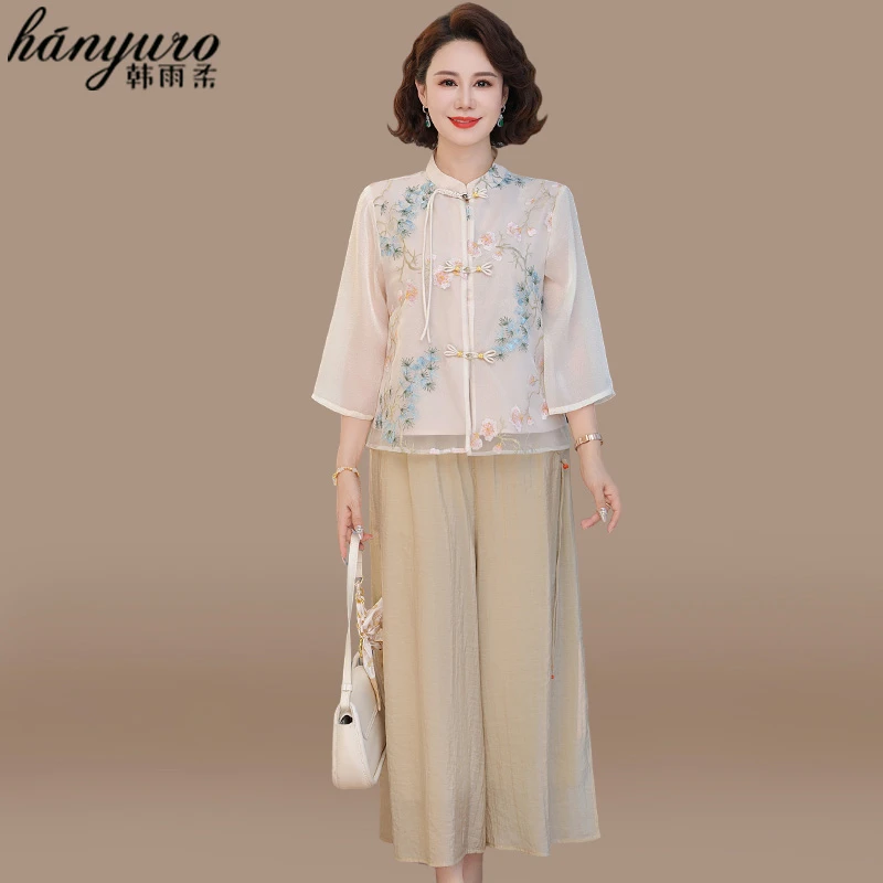 妈妈夏装套装新中式国风雪纺衫2025新款中老年女装夏季七分袖上衣
