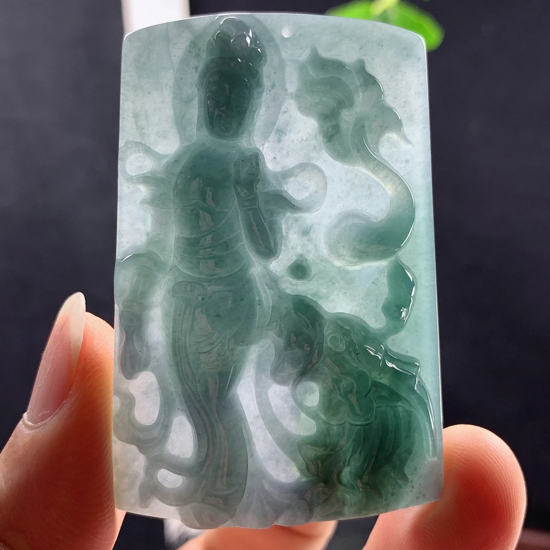 优惠翡翠纯天然A货冰蓝色雪花棉守护神御龙观音菩萨坠吊坠送礼