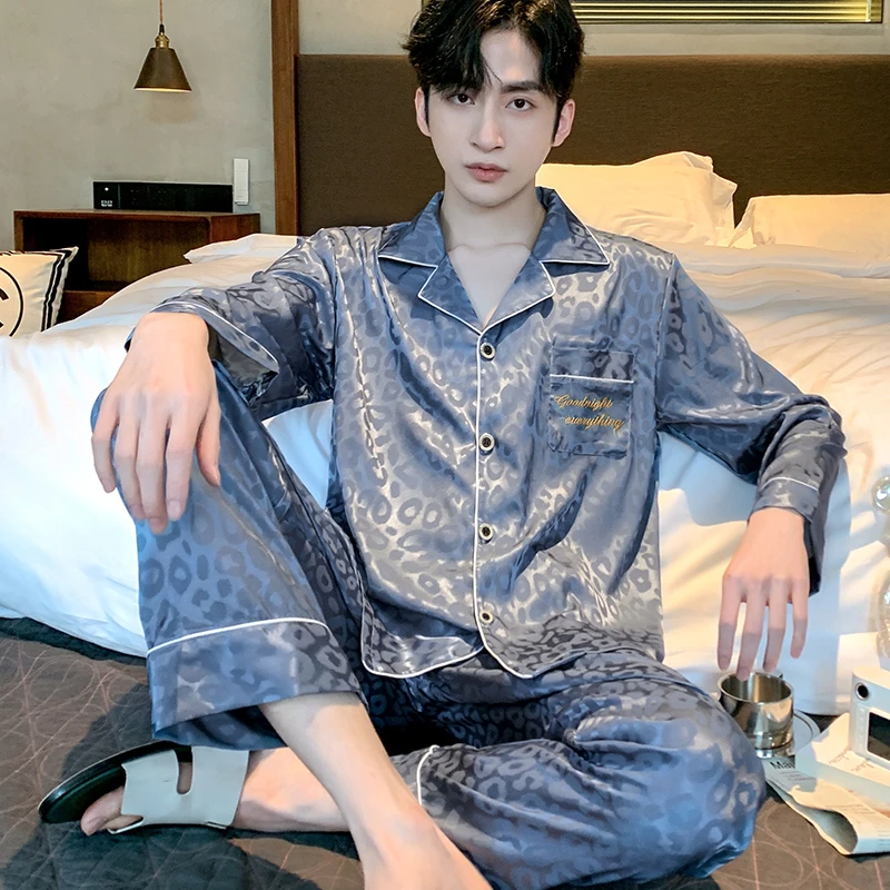 可外穿丝质春秋套装夏季长袖睡衣冰丝薄款男款加大码外穿家居服男