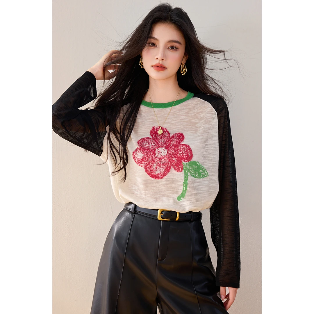 【撞色小花】小花印花撞色拼接长袖女2025宽松休闲T恤