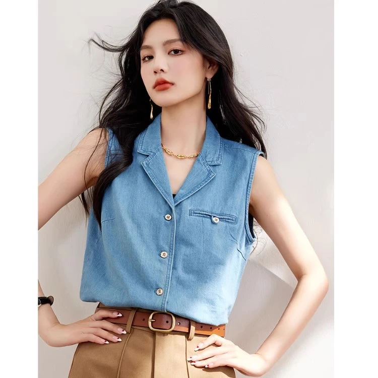 牛仔无袖上衣女夏季2025新款高级感穿搭古巴领复古港风设计感衬衫