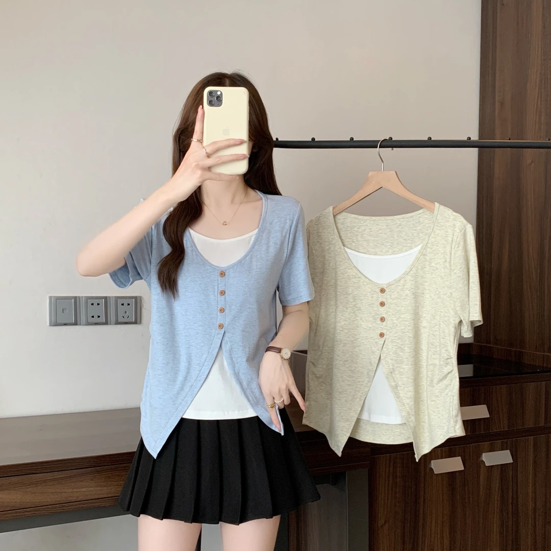 2025夏季新款胖mm大码拼接假两件短袖T恤不规则撞色显瘦上衣64810