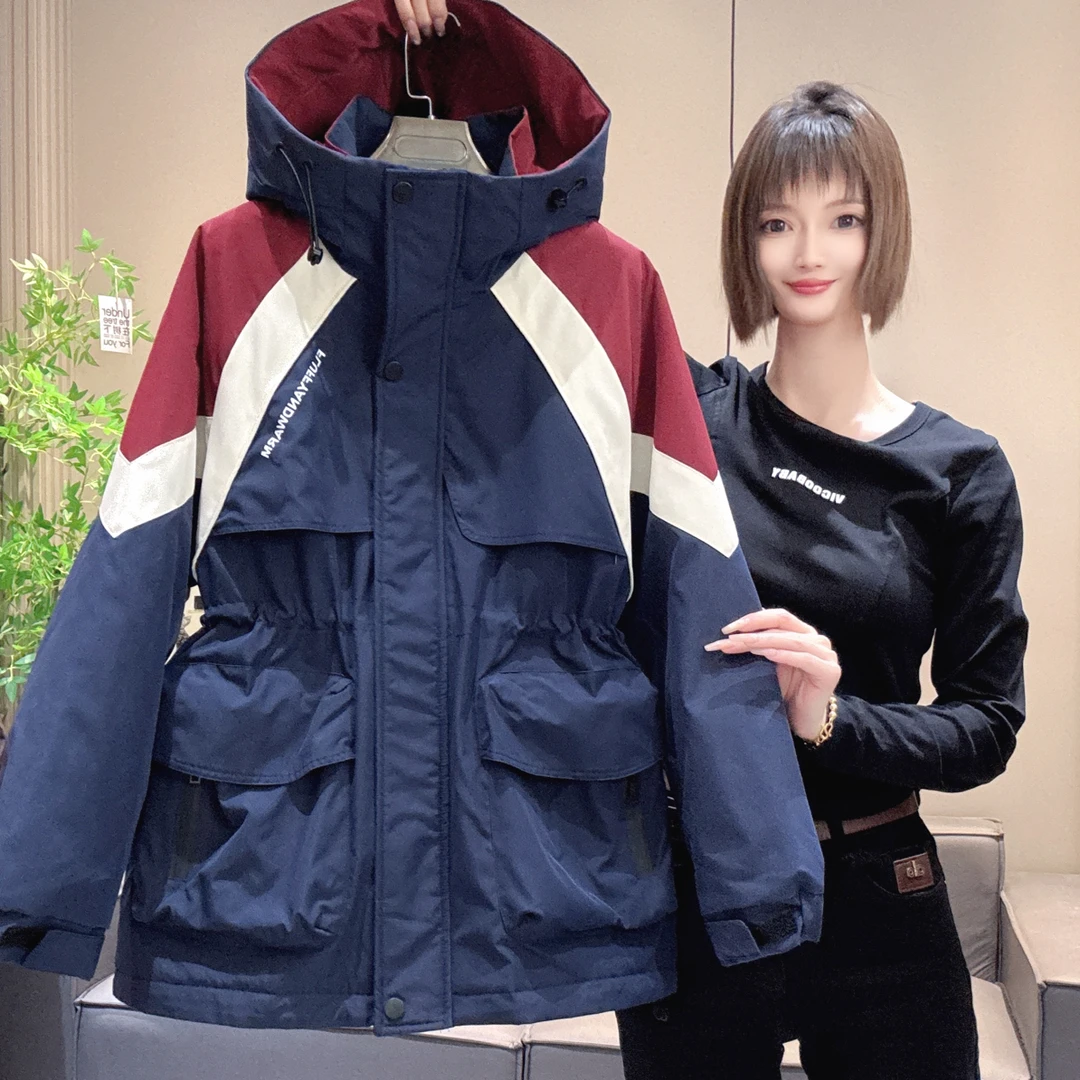 防风秋冬新款薄棉二棉连帽拼色撞色运动休闲风衣外套2483