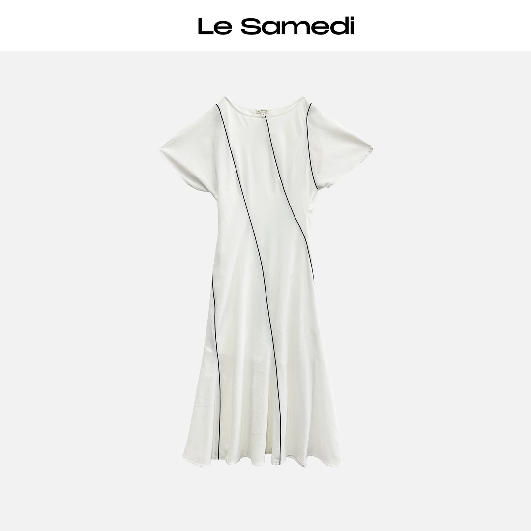 Le Samedi【浪漫赫兹】黑白法式 撞色包条 一字领鱼尾连衣裙