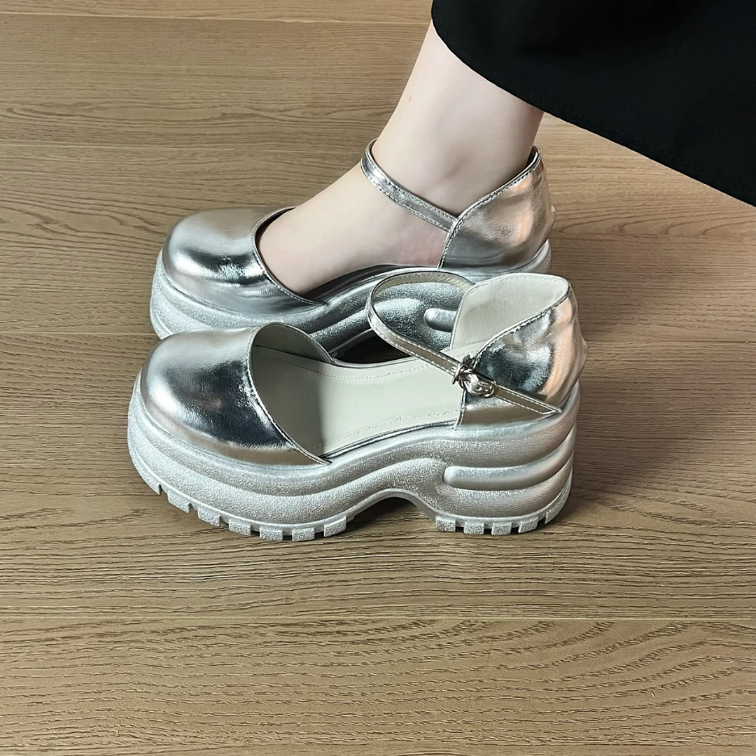 粗跟厚底小个子增高包头凉鞋女简约百搭圆头浅口一字式扣带凉鞋女