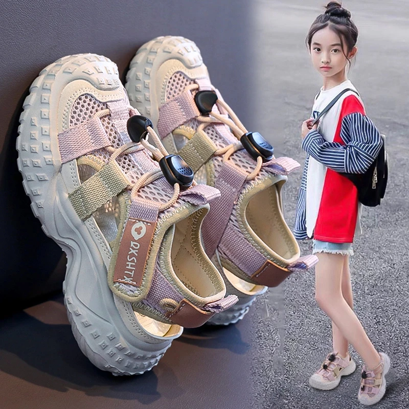 ABC女童单网鞋2025新款夏季儿童透气运动鞋镂空包头凉鞋小女孩潮