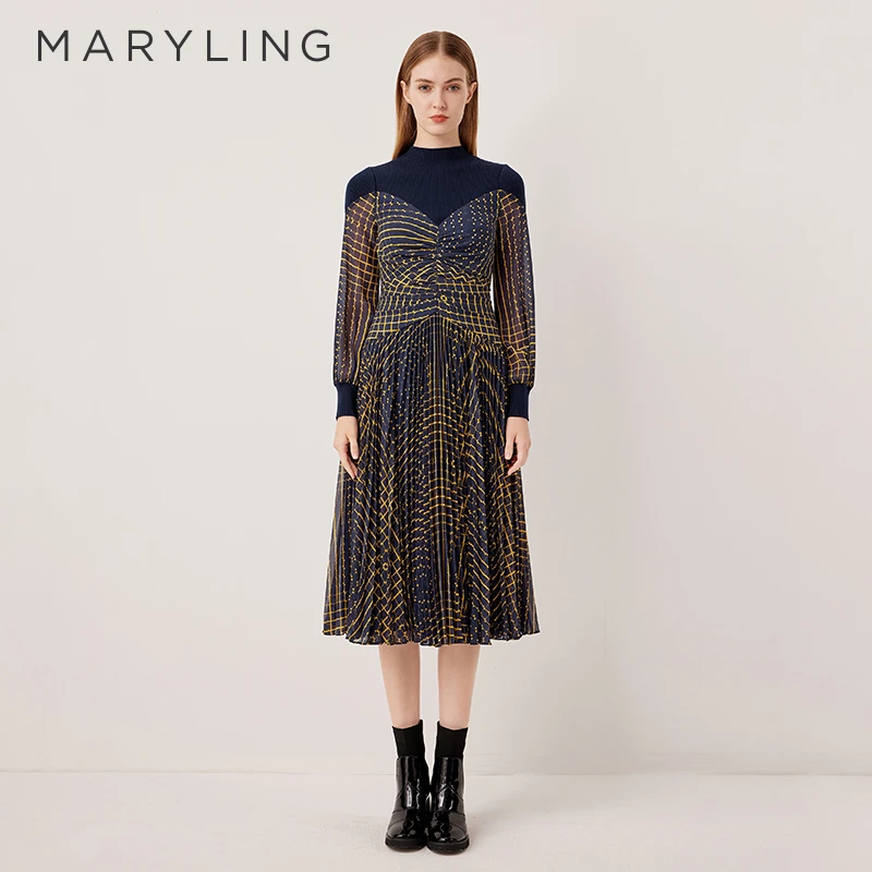MARYLING玛俪琳2025秋季新品深蓝针梭格纹拼接连衣裙A1FGW61970