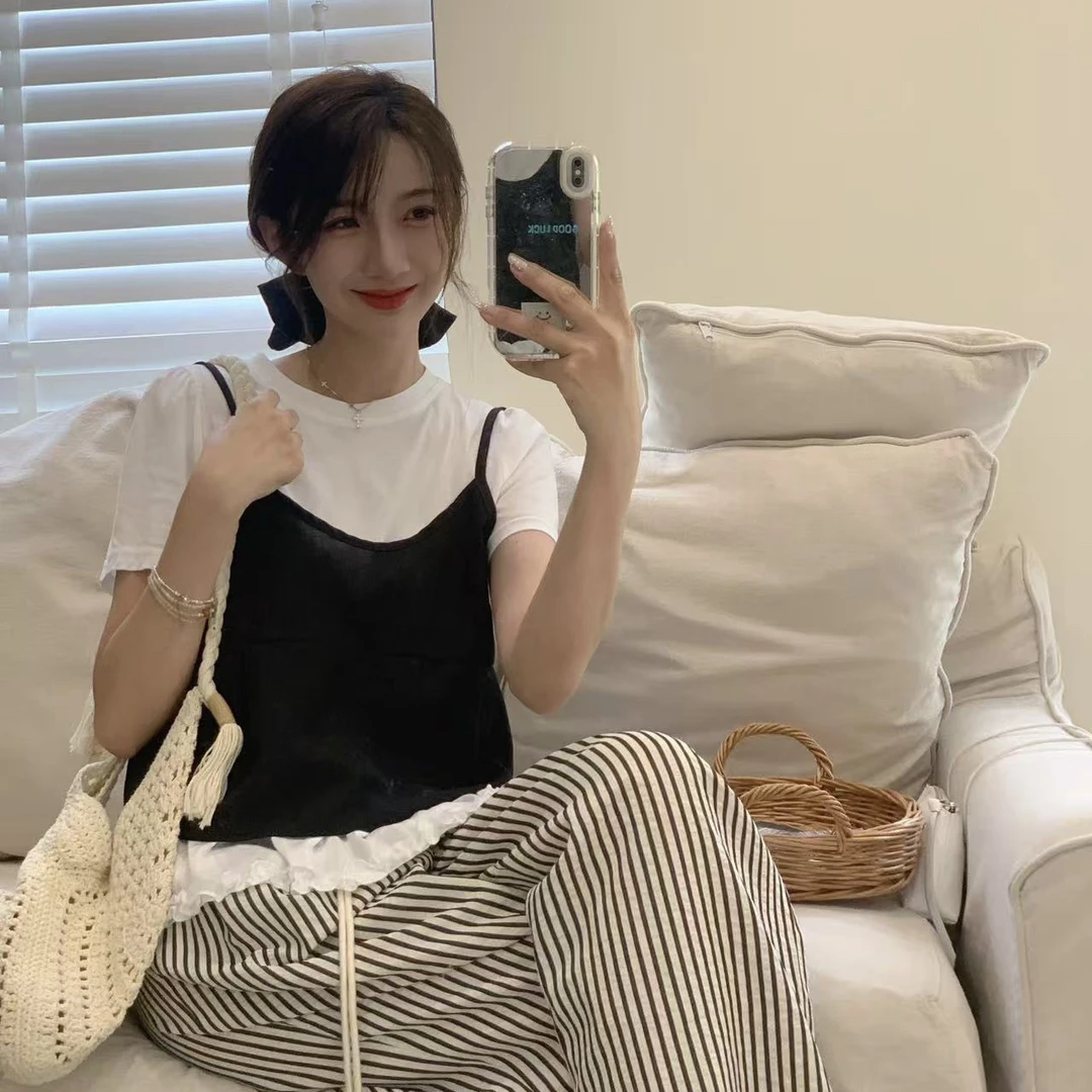 毛小兔夏季女款别致花边下摆短袖T恤与吊带搭配套装送发圈