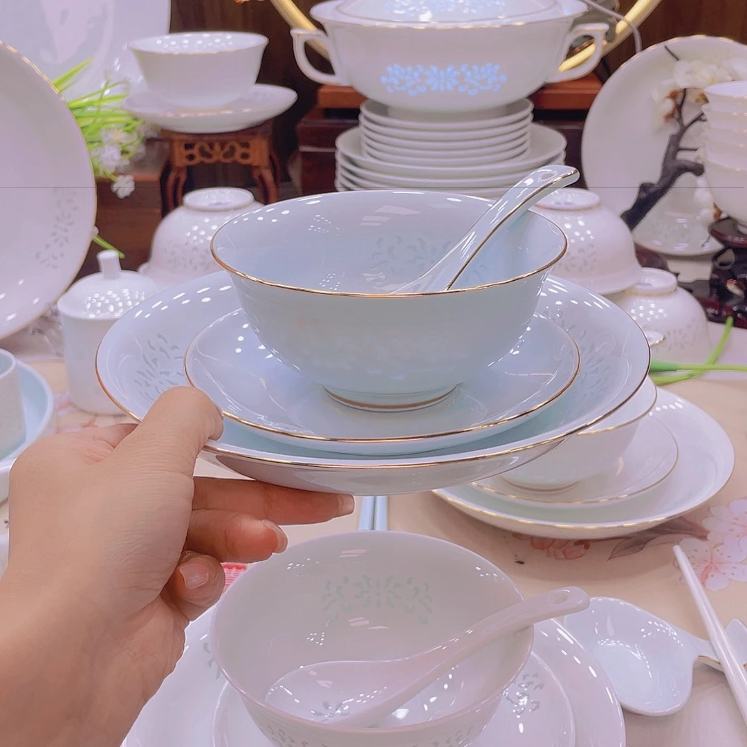 瓷景德镇玲珑瓷青釉套装