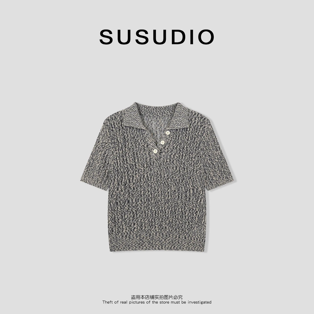 SUSUDIO 春夏新款翻领老钱风高端气质短袖针织衫50106