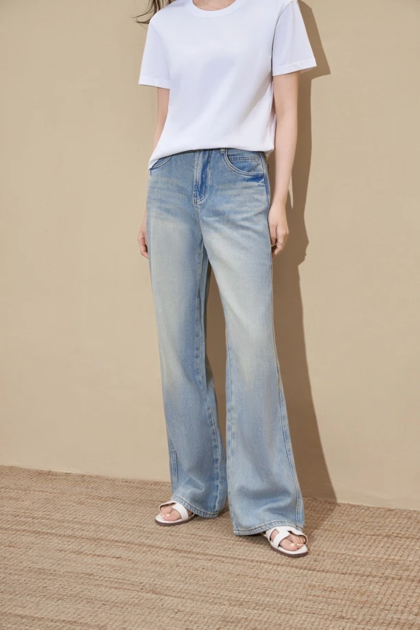 C特A7-A80234 小众设计师浅蓝色阔腿糯米牛仔裤高腰宽松显瘦垂感