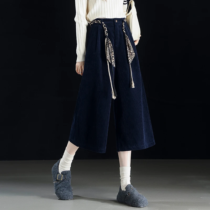 灯芯绒高腰阔腿裤女秋冬2025藏蓝色宽松慵懒风条绒裤设计感直筒裤