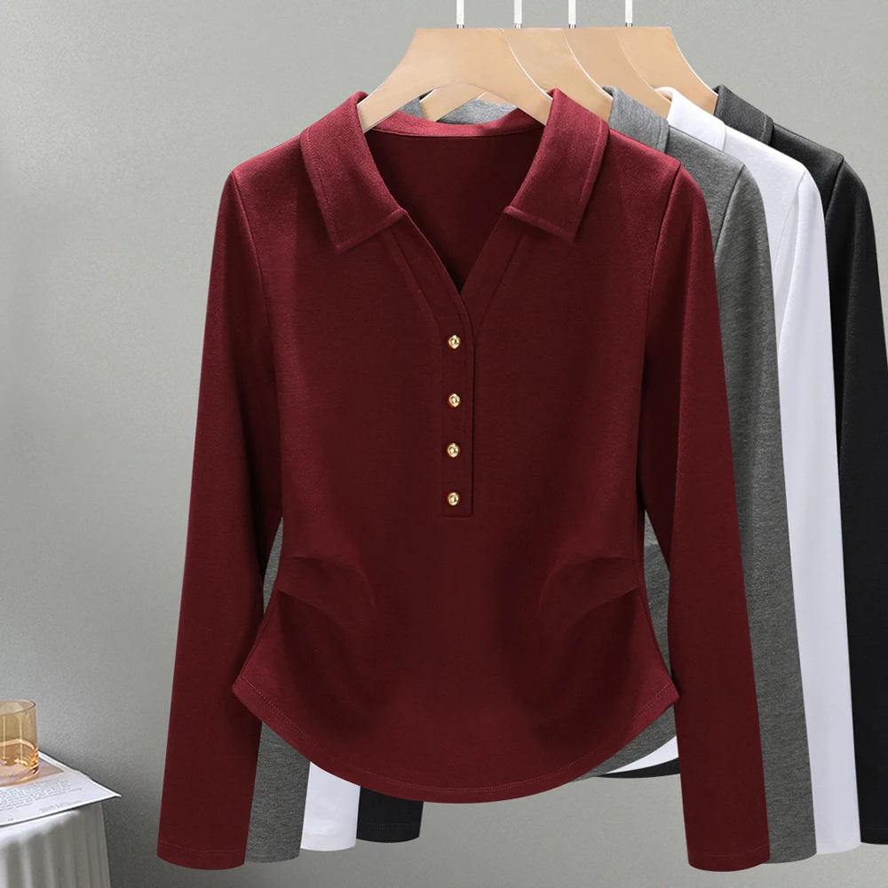 时尚长袖翻领t恤女2025秋装新款洋气修身显瘦Polo领休闲打底衫女
