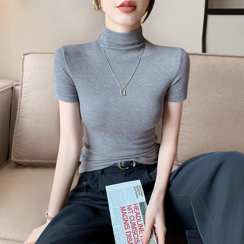 灰色螺纹半高领短袖t恤女2025夏季新款高级感打底衫针织紧身上衣