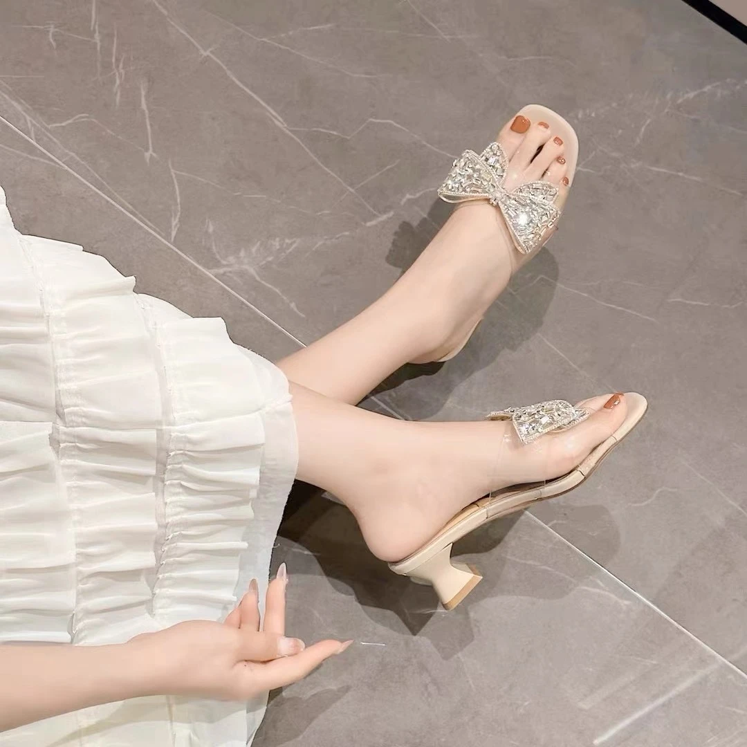 C2703  杏色 夏季时尚低跟方头舒适水钻露趾拖鞋