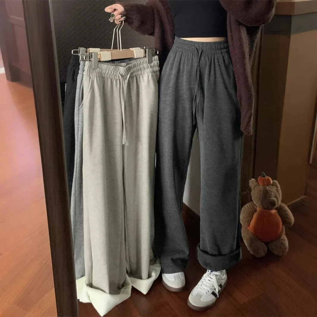 实拍2025秋冬加绒加厚糯米溜溜裤带口袋高腰显瘦直筒拖地休闲长裤
